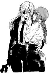 Rule 34 | 2girls, absurdres, ass, black neckwear, black pants, black suit, braid, braided ponytail, business suit, chainsaw man, collared shirt, couple, dahlio, expressionless, eyepatch, finger to another&#039;s mouth, formal, gluteal fold, hair between eyes, hand on another&#039;s back, height difference, highres, holding, holding sword, holding weapon, light smile, long hair, makima (chainsaw man), monochrome, multiple girls, necktie, pants, ponytail, quanxi (chainsaw man), ringed eyes, shirt, shirt tucked in, smile, suit, sword, weapon, white shirt, wife and wife, yuri