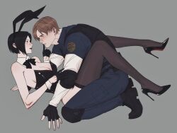 Rule 34 | 1boy, 1girl, aaamber 22, ada wong, animal ears, bare shoulders, black footwear, black gloves, black hair, black ribbon, blue pants, blue skirt, blush, boy on top, breasts, bulletproof vest, cleavage, closed mouth, commentary, couple, detached collar, elbow pads, english commentary, eye contact, fake animal ears, finger to another&#039;s mouth, fingerless gloves, from side, full body, gloves, grey background, high heels, highres, knees up, large breasts, legs up, leon s. kennedy, leotard, light brown hair, lipstick, long sleeves, looking at another, lying, makeup, neck ribbon, on back, pants, parted lips, patent heels, playboy bunny, police, police uniform, pumps, rabbit ears, red lips, red soles, resident evil, resident evil 2, resident evil 2 (remake), ribbon, shirt, shoes, short hair, skirt, stiletto heels, strapless, strapless leotard, thighhighs, uniform, white shirt