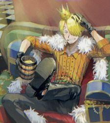 Rule 34 | 1boy, beer keg, blonde hair, blue eyes, crown, facial hair, fur scarf, gloves, grin, hair over one eye, hand in own hair, hand up, male focus, one piece, sanji (one piece), sitting, sleeves rolled up, smile, smoking, solo, treasure chest, yashi vv