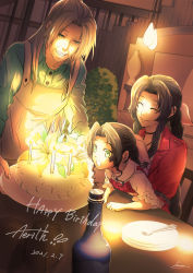 Rule 34 | 3girls, aerith gainsborough, aged down, apron, birthday cake, bottle, braid, braided ponytail, brown hair, bush, buttons, cake, candle, chair, character name, child, choker, closed eyes, dress, elmyra gainsborough, final fantasy, final fantasy vii, final fantasy vii remake, flower, food, fork, gainsborough house, green dress, green eyes, grey hair, hair pulled back, hair ribbon, happy birthday, highres, holding, holding plate, jacket, lamp, long sleeves, lower teeth only, moriiiiiiiiiinn, mother and daughter, multiple girls, open mouth, parted bangs, plate, ponytail, red jacket, ribbon, short sleeves, sidelocks, sitting, sitting on lap, sitting on person, smile, square enix, stairs, table, teeth, upper teeth only, wavy hair, wrinkled skin, yellow flower