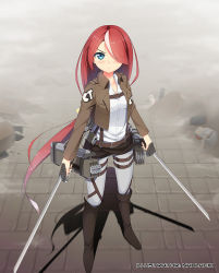 Rule 34 | 1girl, belt, blue eyes, boots, destruction, dust, hair over one eye, holding, holding sword, holding weapon, jacket, kuro-kun (nablack), looking at viewer, outdoors, parody, road, serious, shingeki no kyojin, solo, standing, sword, thigh strap, three-dimensional maneuver gear, weapon, wire