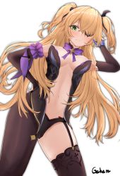 Rule 34 | 1girl, artist name, black dress, black panties, black pantyhose, blonde hair, blush, bow, bowtie, breasts, cleavage, dress, fischl (genshin impact), gahara, garter straps, genshin impact, green eyes, hair ribbon, half-closed eye, hand on own hip, highres, long hair, looking at viewer, medium breasts, navel, no bra, open clothes, open dress, panties, pantyhose, revealing clothes, ribbon, simple background, single thighhigh, solo, standing, thighhighs, thighs, twintails, underwear, white background
