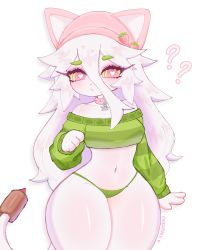 Rule 34 | ?, animal ears, cat, cat ears, cat tail, cattail, cattail (plants vs zombies), chikomokii, closed mouth, collar, furry, furry female, green panties, green sweater, highres, long hair, panties, pink collar, pink headwear, pink pupils, plant, plants vs zombies, sweater, tail, thick thighs, thighs, underwear, white fur, white hair