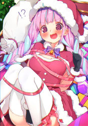 Rule 34 | !?, 1girl, @ @, absurdres, alternate costume, aqua hair, between legs, black gloves, blush, box, braid, breasts, capelet, carrying over shoulder, christmas, christmas tree, commentary, dress, fur-trimmed dress, fur-trimmed gloves, fur trim, gift, gift bag, gift box, gloves, hand between legs, hat, highres, hololive, indoors, kutar22, long hair, looking at viewer, medium breasts, minato aqua, multicolored hair, nervous sweating, open mouth, purple eyes, purple hair, red capelet, red dress, red hat, red ribbon, ribbon, santa costume, santa dress, santa hat, solo, streaked hair, sweat, sweatdrop, thighhighs, thighs, twin braids, twintails, two-tone hair, virtual youtuber, wavy mouth, white thighhighs