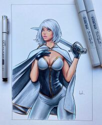 Rule 34 | 1girl, alternate skin color, angel stinson, art tools in frame, black gloves, blue eyes, breasts, cape, cleavage, commentary, contrapposto, cowboy shot, dark-skinned female, dark skin, english commentary, gloves, highres, holding, holding sword, holding weapon, large breasts, marker (medium), mismatched eyebrows, pants, photo (medium), solo, stake (character), stake (comic), sword, traditional media, unfinished, weapon, white cape, white hair, white pants, will jack