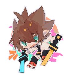 Rule 34 | 1boy, anmicius, aotu world, aqua eyes, bandages, black gloves, black necktie, brown hair, chibi, collar, colored eyelashes, dual wielding, fang, gloves, hair between eyes, holding, holding sword, holding weapon, long sleeves, looking down, male focus, necktie, open mouth, pointy ears, shirt, simple background, solo, spiked hair, star baili, sword, thick eyebrows, weapon, white background, white shirt