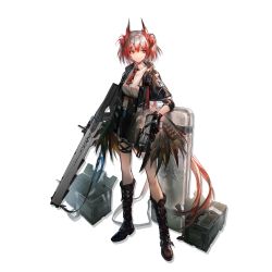 Rule 34 | 1girl, arknights, black footwear, black jacket, black skirt, boots, fiammetta (arknights), full body, gun, highres, holding, holding gun, holding weapon, huanxiang heitu, jacket, looking to the side, necktie, official art, open clothes, open jacket, pointy hair, red eyes, red hair, red necktie, shirt, short hair, skirt, solo, standing, transparent background, weapon, white shirt