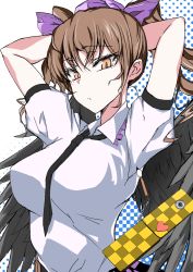 Rule 34 | 1girl, arms behind head, ballpoint pen (medium), between breasts, bird wings, black wings, bow, breasts, brown eyes, brown hair, cellphone, hair bow, hat, himekaidou hatate, large breasts, looking at viewer, necktie, necktie between breasts, onoderasan, phone, puffy short sleeves, puffy sleeves, shirt, short sleeves, solo, tokin hat, touhou, traditional media, twintails, upper body, wings