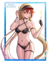 Rule 34 | 1girl, alchemy stars, andonoz, armband, bikini, black bikini, blonde hair, breasts, character name, electricity, feet out of frame, fingerless gloves, gloves, gronru (alchemy stars), hair between eyes, hand on headwear, hat, hat ornament, highres, long hair, looking at viewer, midriff, multicolored hair, navel, open mouth, signature, small breasts, solo, star-shaped pupils, star (symbol), swimsuit, symbol-shaped pupils, thigh gap, two-tone hair, very long hair, wrist wrap