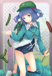 Rule 34 | 1girl, backpack, bag, barefoot, baseball cap, blue eyes, blue hair, blush, boots, cattail, cucumber, female focus, hair bobbles, hair ornament, hat, hourainingyou, kawashiro nitori, key, matching hair/eyes, one-piece swimsuit, open mouth, plant, randoseru, school swimsuit, short hair, skirt, skirt around one leg, smile, solo, swimsuit, swimsuit under clothes, touhou, twintails, two side up, undressing