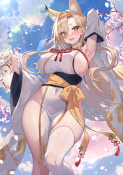 Rule 34 | 1girl, animal ears, arm up, armpits, bare shoulders, blonde hair, blue archive, blush, breasts, cherry blossoms, covered navel, detached sleeves, eyeshadow, fang, fox ears, hair over one eye, hairband, highres, japanese clothes, kaho (blue archive), kimono, large breasts, long hair, looking at viewer, makeup, mole, mole under mouth, open mouth, outdoors, pink eyeshadow, short eyebrows, sideboob, single thighhigh, skin fang, solo, studiopokotan, tassel, thick eyebrows, thighhighs, thighs, wide sleeves, yellow eyes