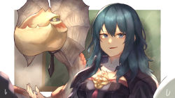 Rule 34 | 1girl, absurdres, blue eyes, blue hair, blush, breasts, byleth (female) (fire emblem), byleth (fire emblem), fire emblem, fire emblem: three houses, hair ornament, highres, long hair, looking at viewer, medium hair, monster, monster hunter (series), monster hunter rise, nintendo, shiburingaru, short hair, smile
