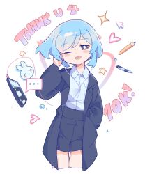 Rule 34 | 1girl, ;d, absurdres, black coat, black shorts, blue hair, blue shirt, blush stickers, brown eyes, coat, collared shirt, commentary, cropped legs, cursor, english commentary, hand up, heart, highres, kirkeone, long sleeves, milestone celebration, one eye closed, open mouth, original, pen, pencil, phone, shirt, shirt tucked in, short hair, shorts, simple background, smile, solo, star (symbol), thank you, triss (kirkeone), white background