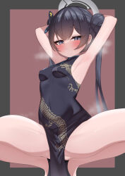 Rule 34 | 1girl, absurdres, armpits, arms behind head, ass, black dress, black hair, blue archive, blue eyes, blush, breasts, china dress, chinese clothes, covered navel, double bun, dragon print, dress, hair bun, hair ornament, highres, karin (a62826704), kisaki (blue archive), long hair, looking at viewer, sleeveless, sleeveless dress, small breasts, solo, spread legs, squatting, sweat, twintails