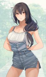 Rule 34 | 1girl, alternate hairstyle, apron, black hair, blush, breasts, casual, collarbone, dress, hand under clothes, highres, kantai collection, kasumi (skchkko), large breasts, long hair, looking at viewer, low tied hair, nagato (kancolle), open mouth, outdoors, red eyes, solo, white dress