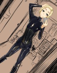 Rule 34 | 1girl, blonde hair, bodysuit, boots, cellphone, corset, highres, latex, latex suit, phone, selfie, shiny clothes, skin tight, smartphone, standing, tamakko