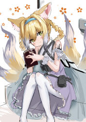 Rule 34 | 1girl, absurdres, animal ear fluff, animal ears, arknights, bare shoulders, blonde hair, blue hairband, blush, book, braid, braided hair rings, closed mouth, clothing cutout, colored tips, dress, fox ears, fox girl, fox tail, green eyes, hair between eyes, hair rings, hairband, highres, holding, holding book, hwww=3, kitsune, kyuubi, looking at viewer, material growth, multicolored hair, multiple tails, oripathy lesion (arknights), pantyhose, purple dress, short hair, shoulder cutout, sitting, solo, suzuran (arknights), tail, twin braids, two-tone hair, white hair, white pantyhose, wrist cuffs