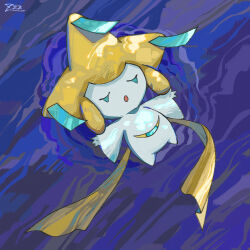 Rule 34 | :o, afloat, closed eyes, commentary request, creatures (company), from above, full body, game freak, gen 3 pokemon, jirachi, legendary pokemon, mythical pokemon, nintendo, no humans, open mouth, outstretched arms, oyasuminjyutsu, pokemon, pokemon (creature), ripples, signature, solo, water