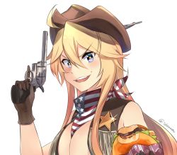 Rule 34 | &gt;:d, 10s, 1girl, :d, ahoge, alternate costume, american flag, american flag scarf, bandana, blonde hair, blue eyes, breasts, burger, cleavage, commentary request, cowboy hat, cowboy western, flag print, food, food on face, gloves, grin, gun, hair between eyes, handgun, hat, headgear, holding, holding food, holding gun, holding weapon, ido (teketeke), iowa (kancolle), kantai collection, large breasts, long hair, looking at viewer, open mouth, revision, revolver, scarf, simple background, smile, solo, sparkle, star-shaped pupils, star (symbol), symbol-shaped pupils, trigger discipline, twitter username, united states, upper body, v-shaped eyebrows, vest, weapon, white background