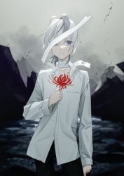 Rule 34 | 1girl, androgynous, arm at side, bandaged neck, bandages, black hair, black pants, blood, blood from mouth, blood on hands, closed mouth, collarbone, commentary, contrapposto, cowboy shot, dress shirt, flower, flower (vocaloid), flower (vocaloid4), grey sky, hand up, highres, holding, holding flower, looking to the side, mountain, multicolored hair, one eye covered, outdoors, pants, purple eyes, red flower, shirt, short hair, sky, solo, spider lily, standing, streaked hair, vocaloid, white hair, white shirt, wounds404