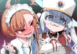 Rule 34 | 2girls, ahoge, blue archive, blue eyes, blush, cherino (blue archive), crossed arms, facial hair, hand on another&#039;s shoulder, hat, highres, hitotose rin, looking at another, maid headdress, mole, mole under eye, multiple girls, mustache, neru (blue archive), nose blush, orange hair, red eyes, smile, white hair