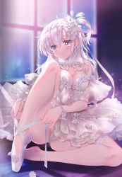 Rule 34 | 1girl, absurdres, ass, ballerina, ballet slippers, bare shoulders, blue eyes, blush, breasts, carnelian, cleavage, dress, en pointe, feathers, fingernails, full body, hair ornament, hairband, halterneck, highres, indoors, kantai collection, knee up, large breasts, long hair, medium breasts, no legwear, panties, pantyhose, parted lips, ribbon, scan, shoes, short dress, side ponytail, sitting, solo, suzutsuki (kancolle), thigh strap, tutu, tying shoes, underwear, white hair, white panties, window
