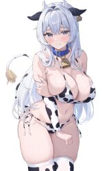 Rule 34 | 1girl, animal ears, animal print, arm under breasts, bell, bikini, blush, breasts, closed mouth, commentary request, cow ears, cow girl, cow horns, cow print, cow print bikini, cow tail, cowbell, crossed bangs, curvy, grabbing own arm, grey eyes, hair between eyes, highres, horns, large breasts, long hair, looking at viewer, navel, original, print bikini, sg (satoumogumogu), simple background, solo, standing, swimsuit, tail, thighhighs, white background, white bikini, white hair, white thighhighs