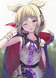 Rule 34 | 1girl, black sailor collar, bracelet, brown eyes, brown hair, cape, chest sarashi, collarbone, commentary, cowboy shot, dress, earmuffs, highres, jewelry, one eye closed, pointy hair, purple cape, pygrenix, sailor collar, sarashi, sleeveless, sleeveless dress, solo, touhou, toyosatomimi no miko, upper body, white background