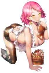 Rule 34 | 1girl, apron, ass, breasts, cake, candy, chocolate, chocolate heart, dmm, earrings, finger to mouth, food, fruit, gang of heaven, heart, jewelry, large breasts, red hair, smile, strawberry, tagme, torn clothes