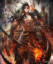 Rule 34 | 1boy, armor, black hair, brown eyes, embers, facial mark, forehead mark, glowing, glowing eye, grey sky, heterochromia, holding, holding weapon, jewelry, kei1115, lightning, looking at viewer, male focus, muscular, necklace, outdoors, parted lips, pixiv username, red eyes, scythe, shingoku no valhalla gate, shoulder armor, skull necklace, sky, solo, standing, tattoo, tooth necklace, tower, watermark, weapon, web address