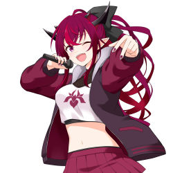 Rule 34 | 1girl, ;d, absurdres, black horns, black jacket, breasts, cosplay, cowboy shot, crop top, fang, felutiahime, fingernails, highres, holding, holding microphone, hololive, hololive english, horns, irys (hololive), jacket, large breasts, letterman jacket, long hair, looking at viewer, microphone, midriff, miniskirt, mori calliope, mori calliope (streetwear), mori calliope (cosplay), multiple horns, nail polish, navel, one eye closed, open clothes, open jacket, open mouth, pleated skirt, pointy ears, popped collar, purple eyes, purple nails, raglan sleeves, red skirt, red sleeves, simple background, skirt, smile, solo, virtual youtuber, white background