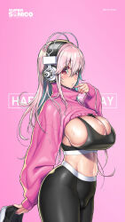 Rule 34 | 1girl, aqua hair, black sports bra, blush, bra, breasts, cleavage, colored inner hair, crop top, finger to mouth, hair between eyes, happy birthday, headphones, high-waist pants, highres, large breasts, long hair, long sleeves, looking at viewer, midriff, multicolored hair, navel, nitroplus, official art, pants, parted lips, pink background, pink hair, pink sweater, red eyes, skindentation, solo, sports bra, standing, stomach, super sonico, sweat, sweater, tight clothes, tight pants, tsuji santa, two-tone hair, underwear, yoga pants