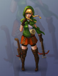 Rule 34 | 1girl, blonde hair, blue eyes, boots, bow (weapon), braid, brown footwear, crossbow, dual wielding, gloves, highres, holding, hyrule warriors, leather, leather boots, leather gloves, linkle, nintendo, pointy ears, presteasy, sidelocks, solo, the legend of zelda, thigh boots, thighhighs, twin braids, weapon, zettai ryouiki