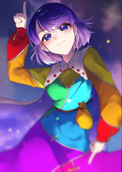 Rule 34 | 1girl, belt, black belt, blue eyes, breasts, cape, cloak, closed mouth, commentary request, dress, hairband, highres, long sleeves, multicolored clothes, multicolored dress, multicolored hairband, patchwork clothes, pointing, pointing down, pointing up, purple hair, rainbow gradient, short hair, sky print, small breasts, smile, solo, tenkyuu chimata, touhou, two-sided cape, two-sided fabric, wanko sora, white cape, white cloak, yellow bag, zipper