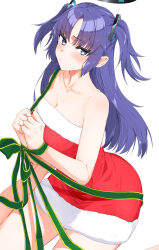 Rule 34 | 1girl, absurdres, alternate costume, bare legs, bare shoulders, blue archive, bound, bound wrists, breasts, cleavage, collarbone, dress, fur-trimmed dress, fur trim, halo, highres, isocha, long hair, looking at viewer, medium breasts, purple hair, red dress, santa dress, simple background, sitting, solo, strapless, strapless dress, two side up, very long hair, wariza, white background, yuuka (blue archive)