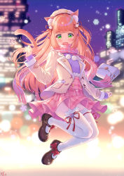 Rule 34 | 1girl, :d, animal ears, bag, blush, breasts, brown footwear, cat ears, cat girl, cat tail, city, city lights, commission, full body, green eyes, handbag, hat, high-waist skirt, highres, indie virtual youtuber, jacket, jumping, ken-san, looking at viewer, night, open mouth, outdoors, pink scarf, pink skirt, pixiv commission, purple shirt, scarf, shirt, skirt, small breasts, smile, snow, snowflakes, solo, tail, thighhighs, virtual youtuber, white thighhighs, yukkin (vtuber)