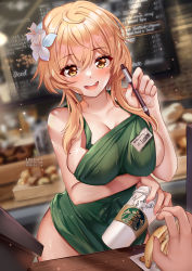 Rule 34 | 1girl, :d, apron, arm under breasts, artist name, banana, bare arms, bare shoulders, barista, blonde hair, blush, bottomless, breast hold, breasts, breasts squeezed together, cleavage, collarbone, cup, disposable cup, dutch angle, english text, female focus, flower, food, fruit, genshin impact, green apron, hair between eyes, hair flower, hair ornament, hand up, highres, holding, holding cup, holding pen, iced latte with breast milk (meme), id card, indoors, large breasts, light particles, light rays, looking at viewer, lumine (genshin impact), meme, menu, menu board, mole, mole on breast, nail polish, naked apron, name tag, open mouth, pen, pink nails, shiny skin, short hair with long locks, smile, solo, squchan, starbucks, topless, white flower, yellow eyes
