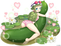 Rule 34 | 1girl, :d, ass, bare legs, bare shoulders, barefoot, bikini, blue eyes, blunt bangs, blush, breasts, company name, cucumber, flower, frilled bikini, frills, from behind, full body, goggles, goggles on head, green hair, heart, hugging object, kappa, kappa kosui, light particles, lily pad, long hair, looking at viewer, looking back, lotus, monmusu harem, monmusume-harem, monster girl, namaru (summer dandy), official art, open mouth, oversized object, pink bikini, pink ribbon, pointy ears, pond, ribbon, sidelocks, simple background, sitting, small breasts, smile, solo, sparkle, striped bikini, striped clothes, swimsuit, tareme, trefoil, turtle shell, water drop, wet, white background