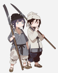 Rule 34 | 2girls, black hair, blue eyes, chinese clothes, fangdan runiu, futou, headwear request, holding, holding weapon, looking at viewer, multiple girls, original, red eyes, simple background, weapon