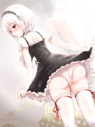 Rule 34 | 1girl, ass, azur lane, black dress, blush, breasts, choker, closed mouth, clothes lift, dress, dress lift, frilled choker, frills, from behind, hair between eyes, hairband, highres, indoors, lace-trimmed hairband, lace trim, large breasts, lifting own clothes, light frown, panties, petticoat, profile, puffy short sleeves, puffy sleeves, red eyes, red ribbon, ribbon, ribbon-trimmed legwear, ribbon trim, short hair, short sleeves, shoulder blades, sidelocks, sirius (azur lane), skindentation, solo, standing, sunlight, thighhighs, thighs, two-tone dress, uduki (nissi), underwear, white dress, white hair, white panties, white thighhighs, window