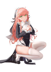Rule 34 | 1girl, absurdres, arknights, ban tang, black footwear, black sleeves, chinese commentary, closed mouth, crossed bangs, dress, erato (arknights), full body, green eyes, hair ornament, high heels, highres, legs folded, long dress, long hair, long sleeves, looking at viewer, nun, own hands together, pink hair, pumps, simple background, slit pupils, smile, solo, squatting, thighhighs, thighs, white background, white thighhighs
