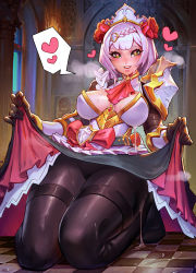 Rule 34 | 1girl, absurdres, armor, belt, bow, braid, breath, checkered floor, church, collarbone, covered collarbone, covered erect nipples, cross, eyelashes, flower, gem, genshin impact, green eyes, grey hair, hair flower, hair ornament, heart, heart-shaped pupils, highres, indoors, kneeling, lifted by self, medium hair, noelle (genshin impact), open mouth, pantyhose, pauldrons, pink pupils, reagan long, red bow, red flower, red neckwear, red rose, rose, saliva, saliva trail, shoulder armor, single pauldron, solo, speech bubble, spoken heart, suggestive fluid, symbol-shaped pupils, teeth, thigh strap, tongue, vambraces