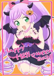 Rule 34 | 1girl, :d, bare shoulders, black dress, black horns, black wings, blush, bow, claw pose, commentary request, demon horns, demon tail, demon wings, dress, fake horns, fang, food-themed hair ornament, frilled dress, frills, full body, green eyes, hair bow, hair ornament, halloween costume, hands up, happy halloween, highres, hokahoka yudoufu, horns, long hair, looking at viewer, manaka laala, nail polish, open mouth, orange background, outline, pink bow, pretty series, pripara, pumpkin hair ornament, purple hair, seiza, sitting, smile, solo, strapless, strapless dress, tail, twintails, very long hair, white outline, wings, wrist cuffs