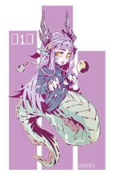 Rule 34 | 1girl, animal ears, animal hands, artist name, blue sweater, blunt bangs, claws, commentary, dragon, dragon horns, eastern dragon, english commentary, fins, head fins, horns, long hair, looking at viewer, monster girl, monster girl encyclopedia, open mouth, purple hair, ramenwarwok, ryuu (monster girl encyclopedia), scales, solo, sweater, yellow eyes, yin yang