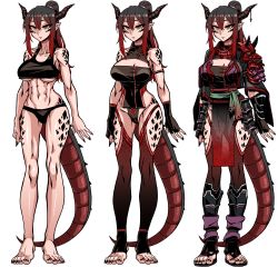Rule 34 | 1girl, abs, absurdres, armor, bare shoulders, barefoot, black gloves, black hair, black nails, black panties, black thighhighs, bracer, breasts, character sheet, commission, dragon girl, dragon horns, dragon tail, fingerless gloves, full body, ga320aaa, gloves, gradient hair, highres, horns, leotard, multicolored hair, nail polish, navel, original, panties, pauldrons, pixiv commission, red hair, sandals, sash, scales, shoulder armor, simple background, tail, tank top, thighhighs, toenail polish, toenails, underboob, underwear, white background, yellow eyes