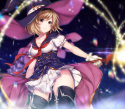 Rule 34 | 10s, 1girl, arm at side, black footwear, black hat, blonde hair, blush, boots, breasts, brown eyes, cape, cleavage, closed mouth, collarbone, cowboy shot, diffraction spikes, djeeta (granblue fantasy), female focus, frilled sleeves, frills, glint, gloves, glowing, granado espada, granblue fantasy, groin, hat, holding, holding staff, legs apart, lens flare, looking at viewer, magic, maru (sw1tch), medium breasts, miniskirt, motion blur, neckerchief, no panties, pleated skirt, red neckerchief, sailor collar, sash, short hair, short sleeves, skirt, skirt set, smile, solo, sparkle, staff, swept bangs, thigh boots, thighhighs, underbust, upskirt, waist cape, warlock (granblue fantasy), white gloves, white skirt, witch hat