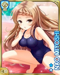 Rule 34 | 1girl, :o, bare legs, barefoot, black one-piece swimsuit, braid, brown eyes, brown hair, card, character name, competition swimsuit, day, girlfriend (kari), long hair, miyoshi nao, official art, one-piece swimsuit, open mouth, outdoors, poolside, qp:flapper, solo, squatting, swimsuit, tagme