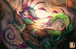 Rule 34 | 1girl, :d, artist name, bare shoulders, belt, blue hair, branch, brown shorts, colored skin, crop top, fangs, flower, foot up, freckles, from side, green hair, green skin, hair flower, hair ornament, highres, league of legends, lying, neeko (league of legends), on stomach, open mouth, orange tank top, pink flower, reagan long, shorts, smile, solo, swept bangs, tail, tank top, teeth