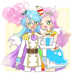 Rule 34 | 1boy, 1girl, animal ears, blue hair, blush, bow, brother and sister, cape, cure parfait, dress, embarrassed, food, food-themed hair ornament, fruit, gloves, hair ornament, happy birthday, holding another&#039;s arm, hoppetoonaka3, jewelry, julio (precure), kirahoshi ciel, kirakira precure a la mode, long hair, magical boy, magical girl, multicolored eyes, one eye closed, open mouth, orange (fruit), orange slice, pikario (precure), pink hair, precure, siblings, smile, tail, white gloves