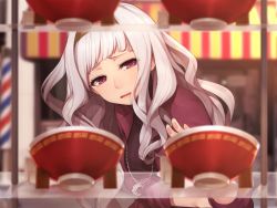 Rule 34 | 1girl, bowl, drooling, food, grey hair, hairband, hitoto, idolmaster, idolmaster (classic), jewelry, long hair, md5 mismatch, necklace, noodles, purple eyes, ramen, resized, resolution mismatch, saliva, shijou takane, solo, source larger